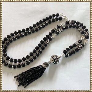Black and Silver Beaded Tassel Statement Necklace